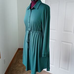 Kojooin Dark Green T-shirt Dress XL button polo top long sleeve drawstring waist